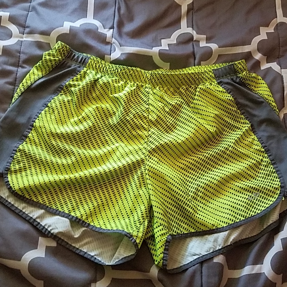neon yellow gym shorts with gray design